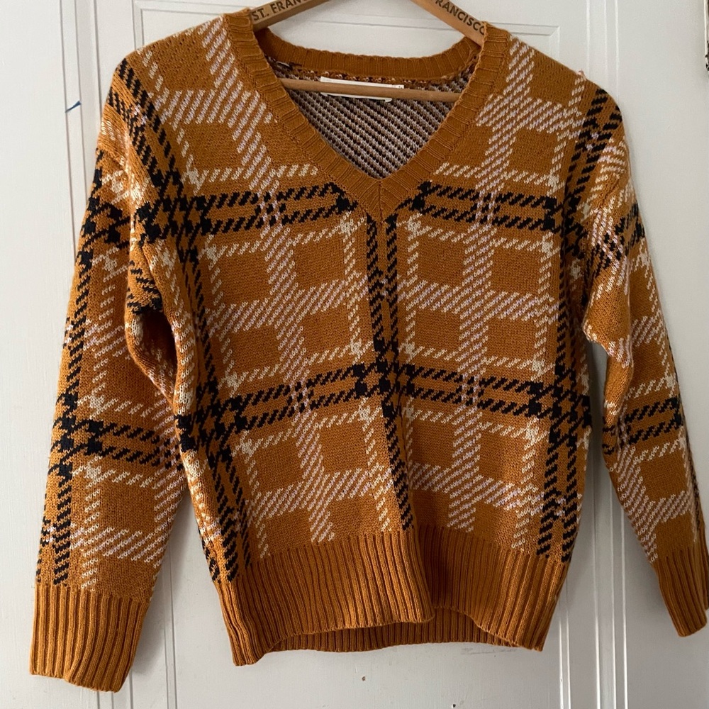 Astr Mustard and Black Plaid V-Neck Sweater